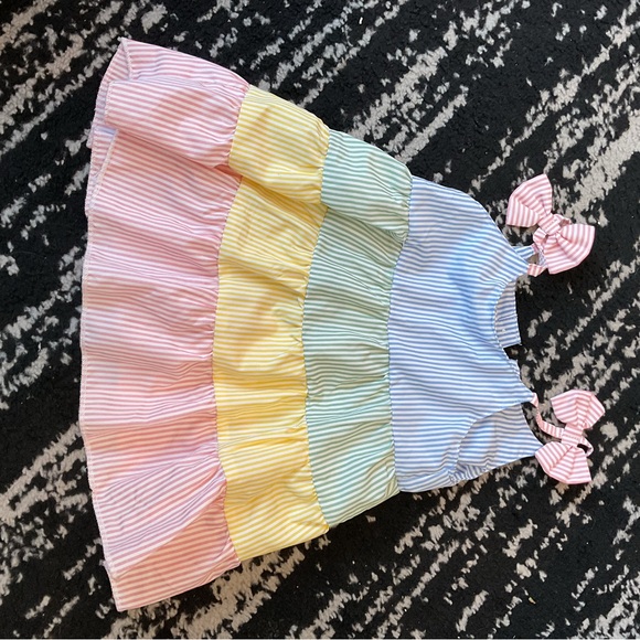 SIZE 6 - 12 MTH Striped Multicolor Kids Dress Baby Girl Sundress w/ Bows - Picture 6 of 6